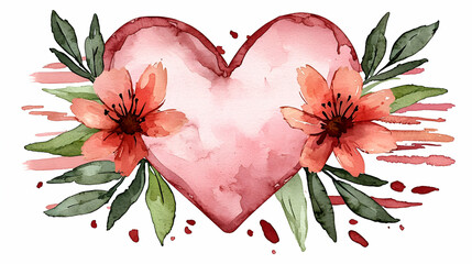 Sticker - A watercolor heart surrounded by flowers and leaves, conveying love and affection.