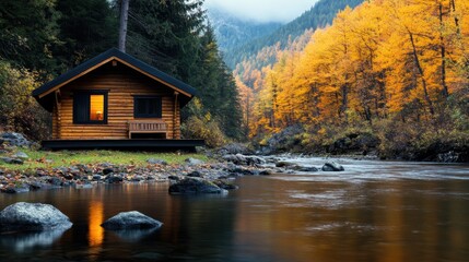 A picturesque wooden cabin overlooks a serene river, framed by fiery autumn foliage, representing a tranquil escape into nature's vibrant hues and peaceful surroundings.