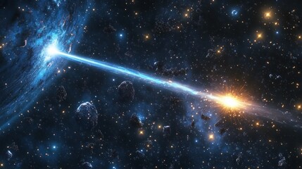 Wall Mural - outer space showing a pulsar emitting a beam of light, surrounded by a dense cluster of stars backgr