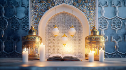 An arch with gold and white patterns. Two decorative lanterns hang from the arch, and the Koran lies on the table under the arch. Three white burning candles represent the beginning of Ramadan.