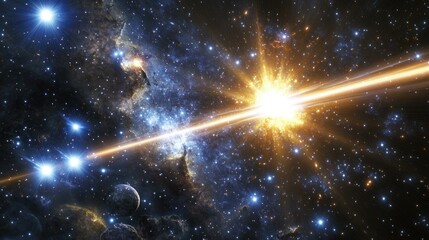 Wall Mural - outer space showing a pulsar emitting a beam of light, surrounded by a dense cluster of stars backgr