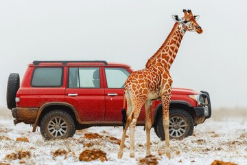 A giraffe standing next to a red SUV