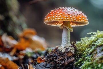 Poster - A single mushroom growing out of a decaying tree stump