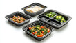 © Sahraya - Black plastic trays for food, empty styrofoam containers with transparent film wrapper. Vector realistic mockup of 3d polystyrene package for lunch, meal and fresh products