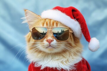 Aufkleber - A feline friend dressed up for the holiday season, wearing sunglasses and a Santa hat