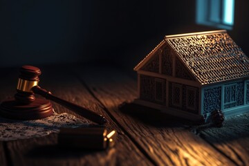 Poster - A small wooden gavel placed next to a tiny house, great for illustrating law or order concepts