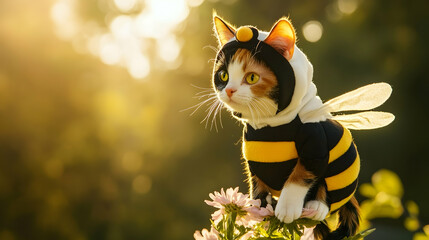 A calico cat in a mini bee costume sitting on a flower with soft sunlight enhancing the scene