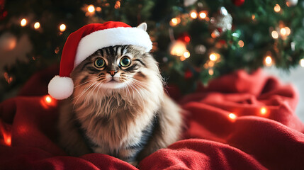 Wall Mural - A fluffy Persian cat wearing a festive Santa hat and sitting on a cozy red blanket by a Christmas tree, surrounded by soft glowing fairy lights