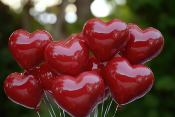 Poster - A bunch of red heart shaped balloons suspended in mid-air, perfect for romantic or celebratory occasions