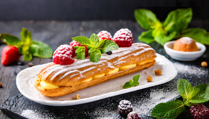 Poster - Close-up of a golden eclair filled with cream, garnished with raspberries and mint leaves, dusted with powdered sugar on a rustic table.