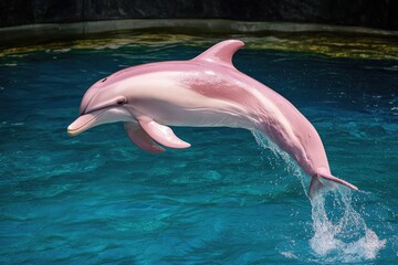 Poster - Dolphin jumping out of the ocean, with a splash of pink color