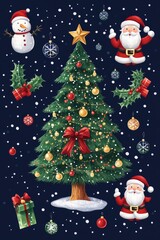 Poster - A festive Christmas tree decorated with Santa Claus figurine and other ornaments, ideal for holiday celebrations or winter wonderland scenes