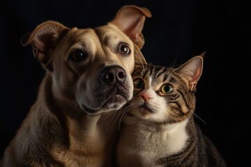 Aufkleber - A curious dog and cat standing together, both looking directly at the camera