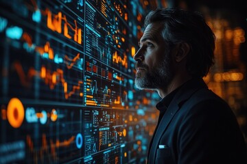 Poster - A person standing in front of a data-filled wall, perfect for illustrations about technology and innovation