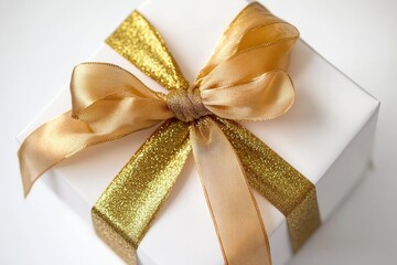 Poster - A beautifully wrapped gift box adorned with a golden ribbon, ideal for special occasions and celebrations