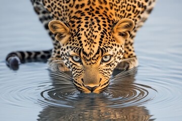 Canvas Print - A close-up of a leopard drinking water from a source