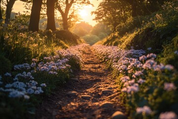 Aufkleber - A dirt path runs through a bright and colorful field of flowers, with green grass and yellow sun shining down