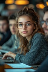 Aufkleber - A woman sits in front of a laptop, focused on her work