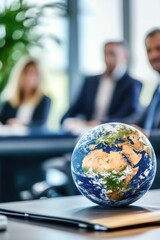 Poster - A group of people gathered around a globe, discussing and learning from it
