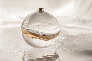 Poster - A single glass ornament sits on the surface of a small puddle of water, creating a reflective and visually appealing scene