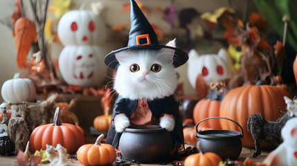 Wall Mural - A white cat in a miniature witch costume with a pointed hat and a cauldron in front of it, surrounded by Halloween decorations like pumpkins