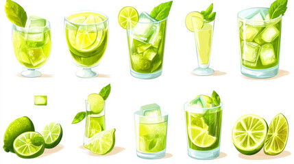 Ice juice lemon drink cartoon vector. Fresh fruit cocktail for summer beach menu. Cold tea and lemonade icon design. Citrus limoncello with green sweet alcoholic beverage graphic illustration