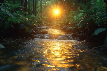 Poster - A serene river runs through the heart of a lush green forest, surrounded by tall trees and vibrant vegetation