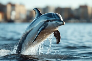 Poster - A dolphin jumps out of the water, splashing and playing in the sun