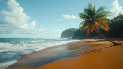 Secluded palm tree on tropical beach.