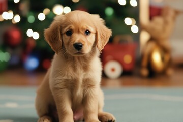 Poster - A playful puppy sits in front of a decorated Christmas tree, perfect for holiday-themed designs or seasonal advertising