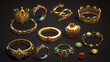 © Sahraya - Fantasy medieval ring, amulet, crown icon game ui vector set. Gold royal jewel inventory asset for wizard skill or achievement treasure with gem element. Ancient shiny magic jewelry pendant design