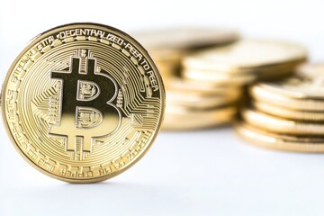 Poster - A single bitcoin sits atop a pile of coins