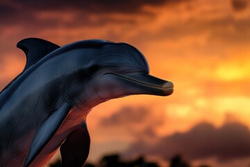 Poster - A bronze statue of a dolphin standing in front of a beautiful sunset