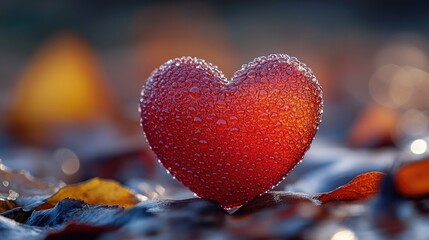 Poster - A bright red heart shaped object sits atop a pile of autumn leaves, perfect for decoration or as a symbol