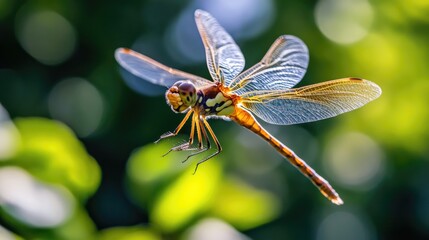 Poster - A dragonfly perched on the leaves of a plant, its iridescent body glistening in the light
