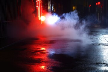 Poster - A bright red light shines on a wet and rainy street, perfect for use in images of nighttime cityscapes or urban landscapes
