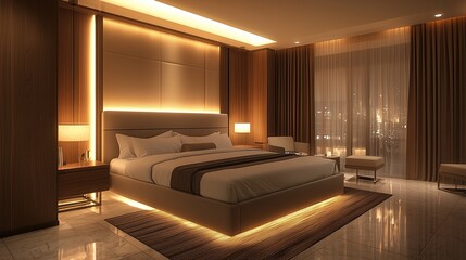 Wall Mural - A chic and modern bedroom with a plush bed, neutral tones, and soft lighting that creates a serene atmosphere for rest and relaxation.