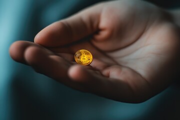 Aufkleber - A close-up of a person grasping a bright yellow coin, possibly for saving or as a token