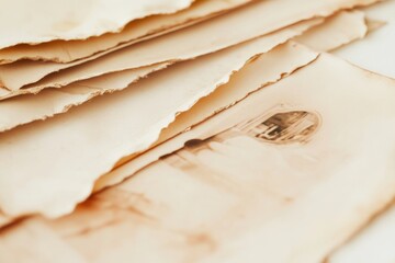 Aufkleber - A stack of yellowed documents and papers on a wooden surface, suitable for use in historical or nostalgic contexts
