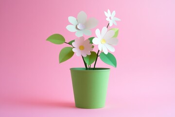 Poster - A decorative vase filled with colorful paper flowers against a bright pink background