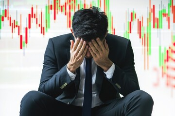 Poster - A person in a suit sits on a chair, covering their face with their hands