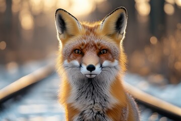 Poster - A close-up shot of a red fox sitting on a train track, looking around cautiously