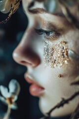Poster - A close-up shot of a woman's face covered in glitter, suitable for use in beauty or entertainment related contexts