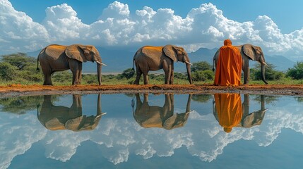 Aufkleber - Group of elephants gathered around a body of water, possibly drinking or bathing