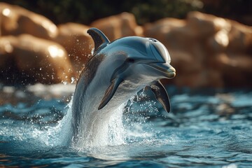 Poster - A dolphin leaps from the ocean in a dynamic motion