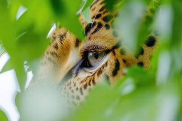 Poster - Close-up view of a leopard's eye peeking out from a tree, great for wildlife or nature-themed projects