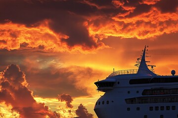 Wall Mural - A cruise ship sailing on calm waters at sunset with vibrant colors in the sky