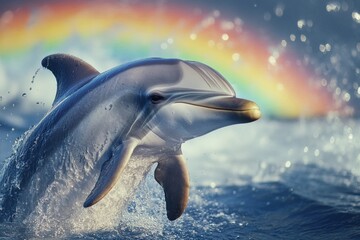 Poster - A dolphin leaps out of the water, with a colorful rainbow in the background