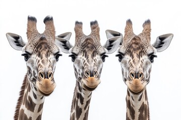 Poster - Three giraffes standing side by side in a natural setting, great for use in wildlife or animal-themed designs