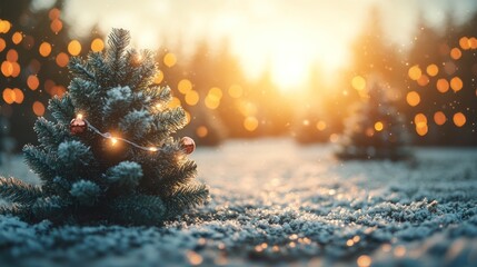 Wall Mural - Snowy Christmas tree with lights at sunset.